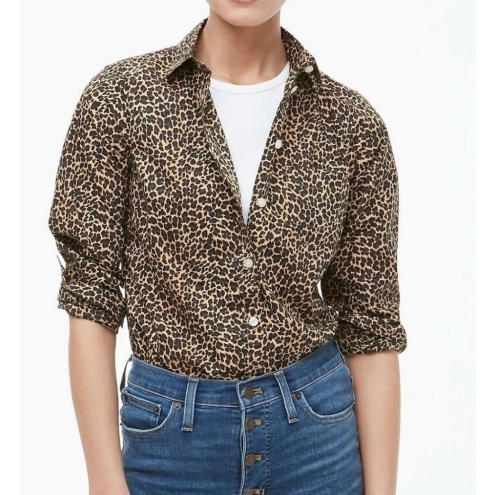 J.Crew Brown Leopard Print Slim Stretch Cotton Perfect Shirt Mobwife Size 4